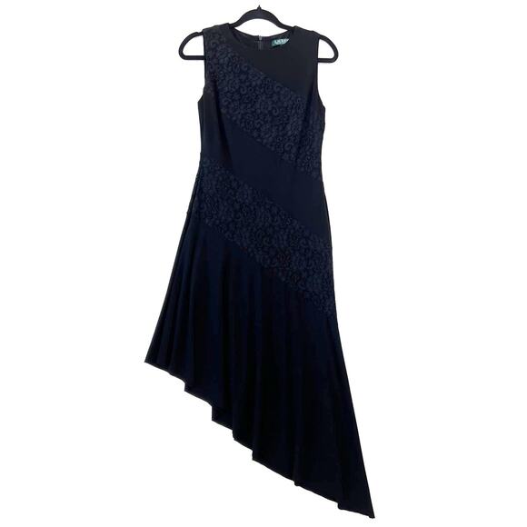 Lauren Ralph Lauren Black Lace Mermaid Midi Dress Women 4 Cocktail Wedding Guest - Picture 1 of 16